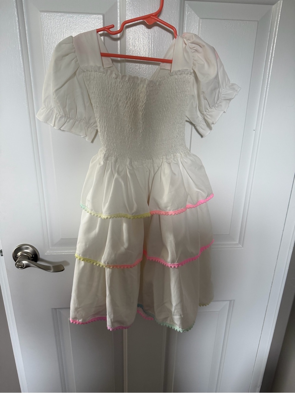 Lola + The Boys Cream Tiered Dress with Puff Sleeves and Pastel Trim